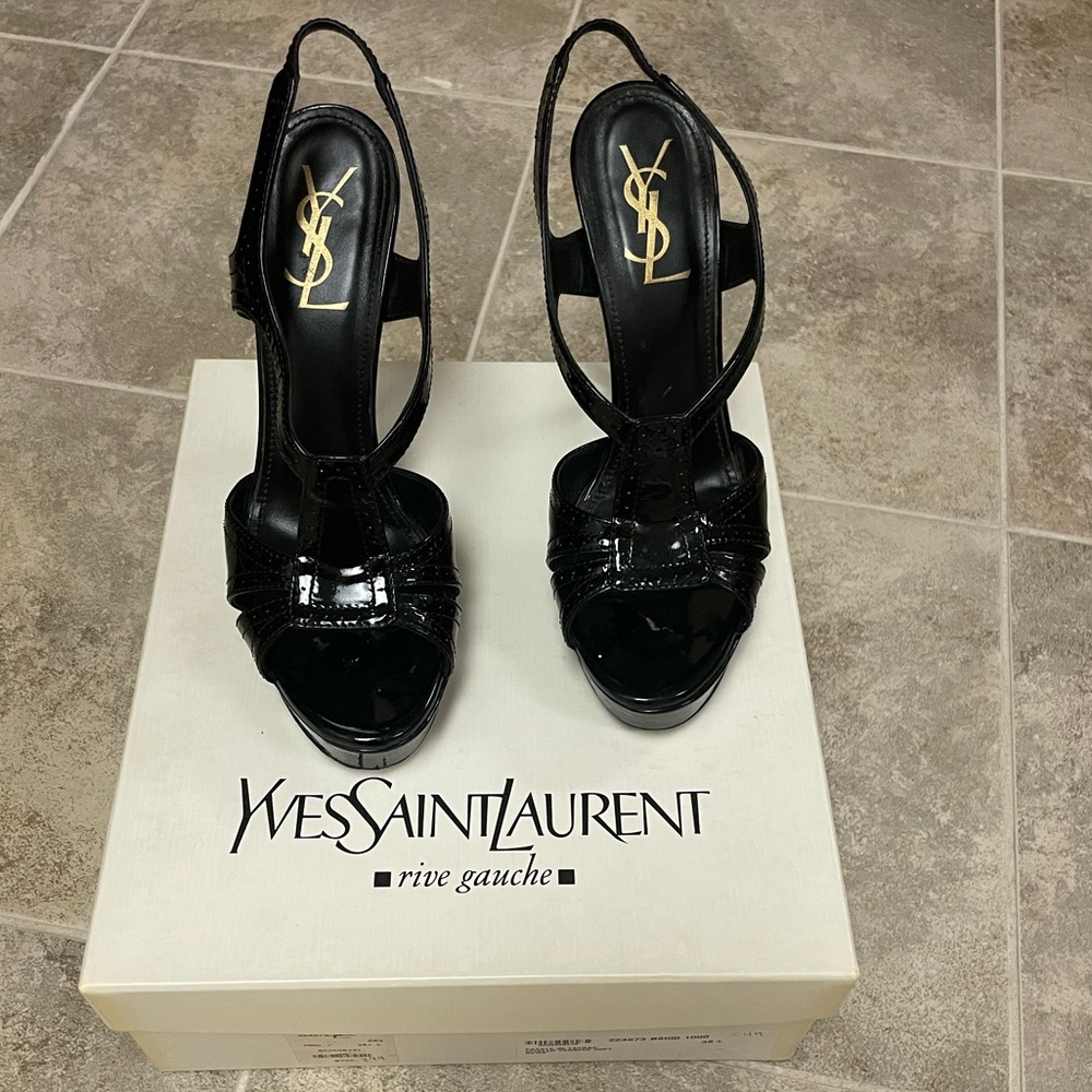 Yves Saint Laurent YSL Black Patent Leather Sandals 38.5